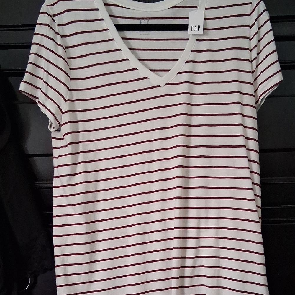 GAP Women's Striped V-Neck Top - Red and White